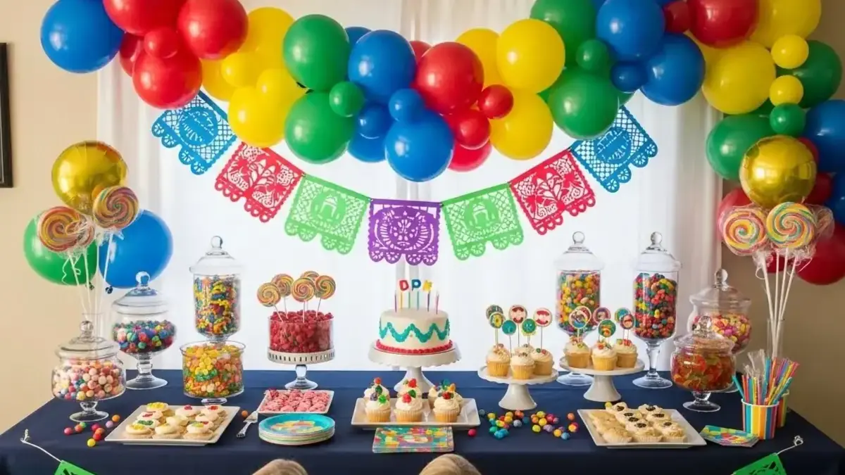Arco orgánico de globos multicolor sobre mesa de dulces mexicana