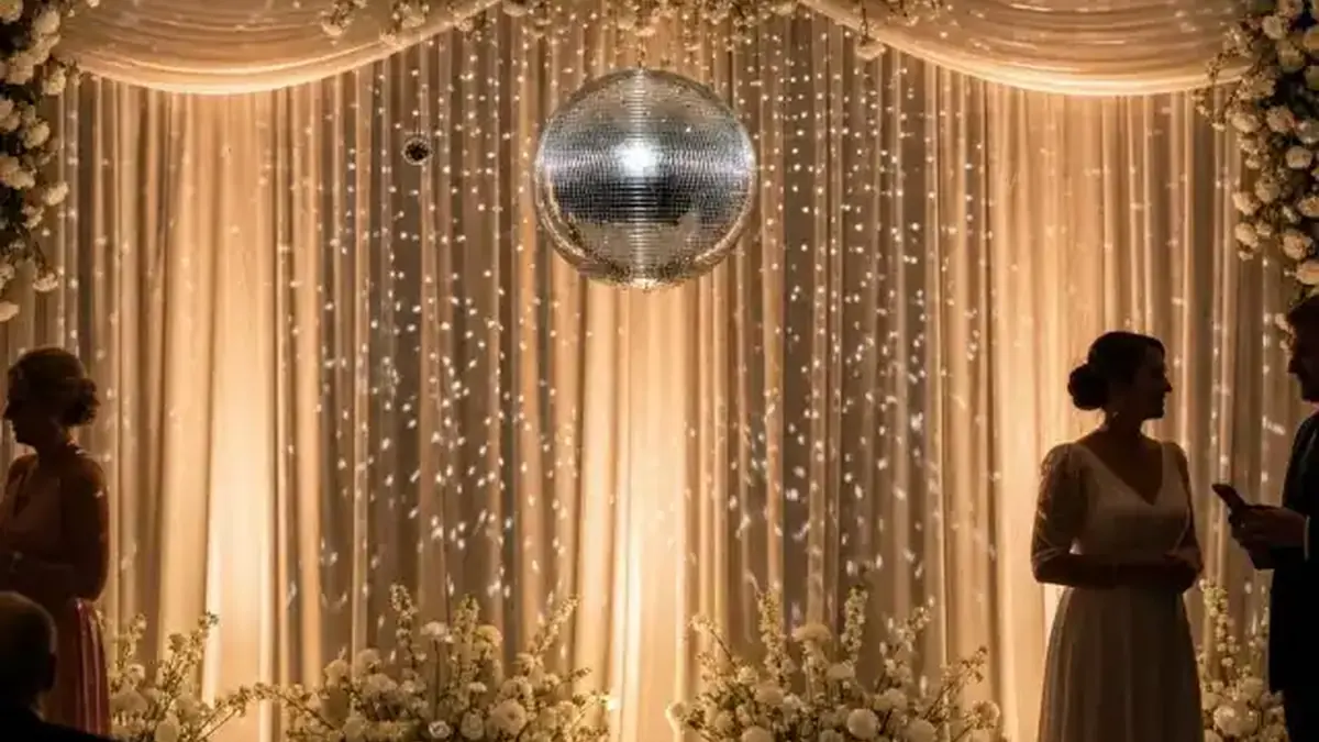 Bola disco decoración suspendida en recepción de boda con flores