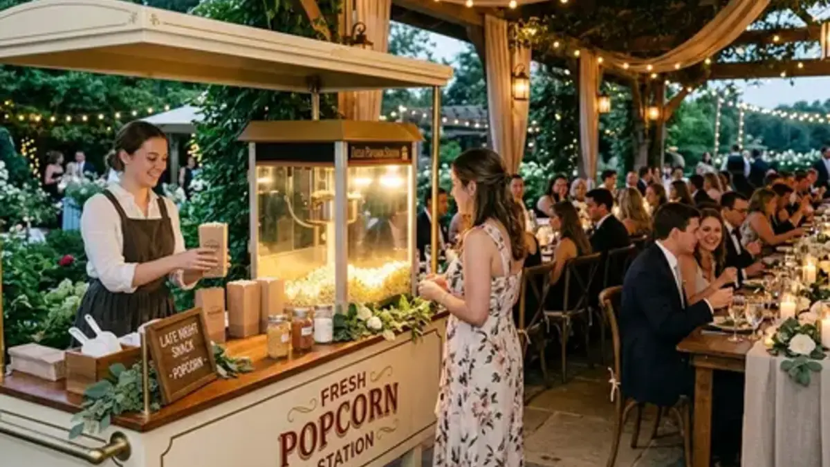 Carrito de palomitas atendido en recepción nocturna al aire libre