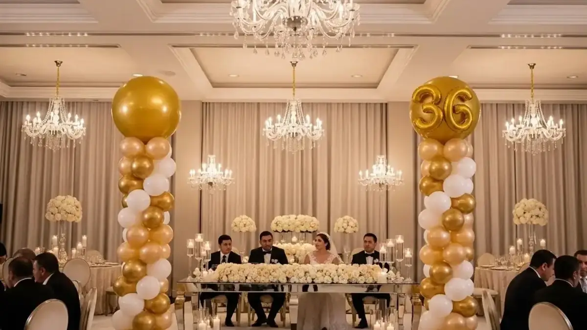 Columnas de globos doradas y blancas junto a mesa de boda