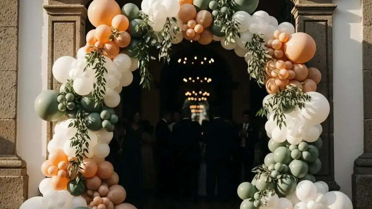Decoración con globos para boda en entrada de iglesia con follaje