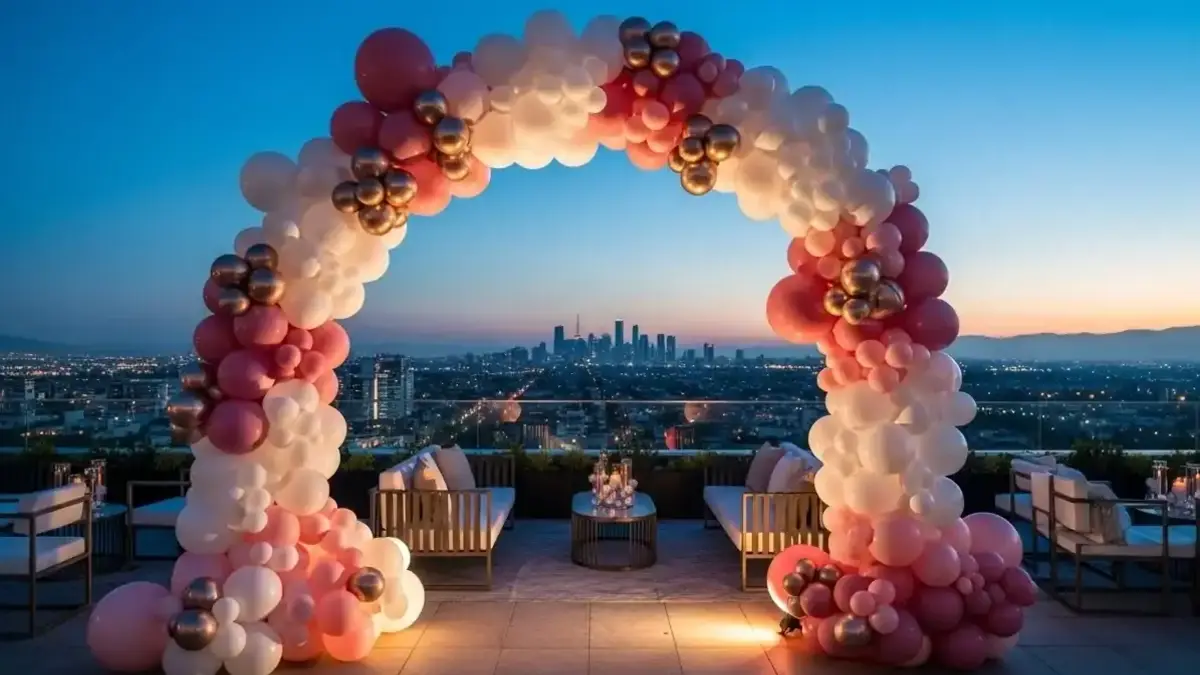 Decoración con globos rosa y dorado en terraza con vista urbana