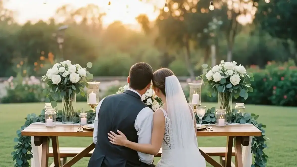 Pareja sentada en mesa picnic decorada con flores en jardín