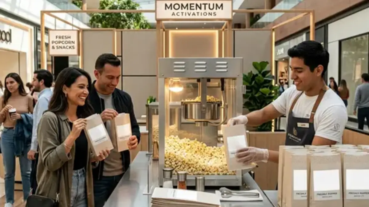 Máquina de palomitas industrial atendida en activación dentro de centro comercial