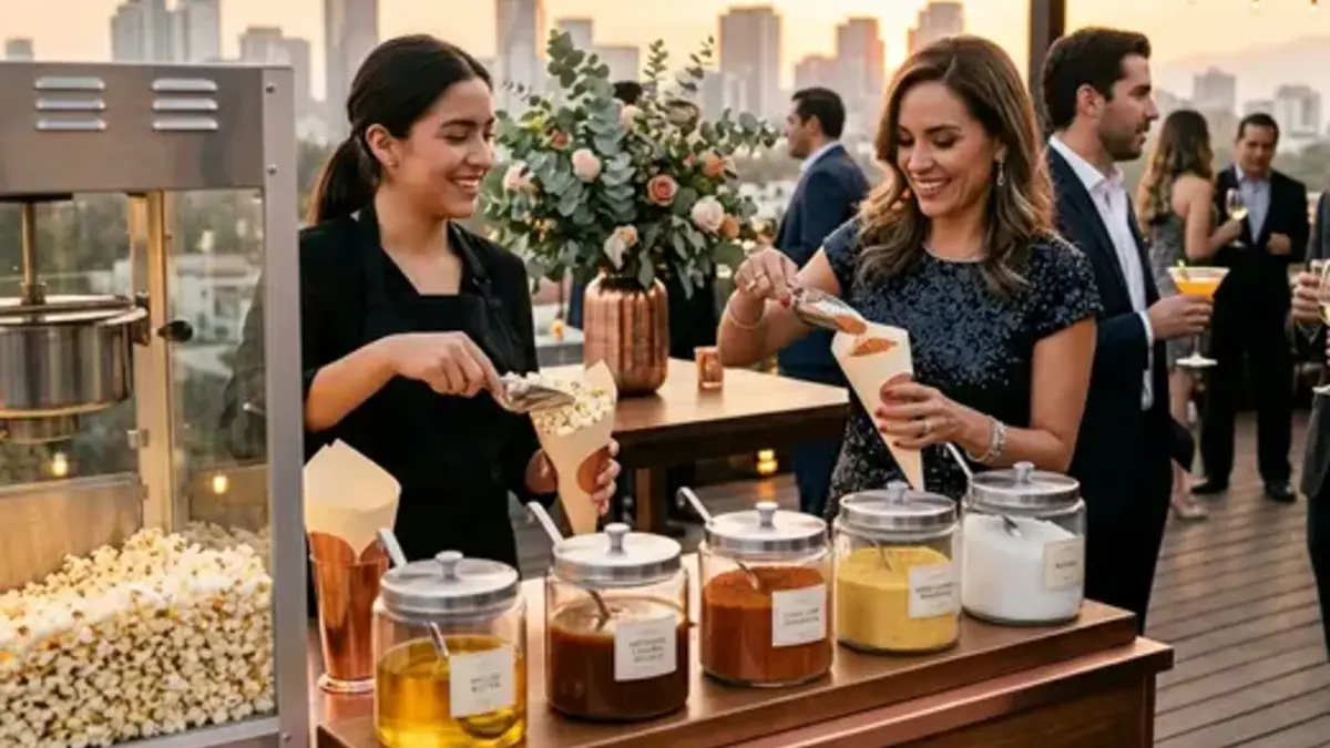 Máquina de palomitas precio con estación de sabores en terraza de evento