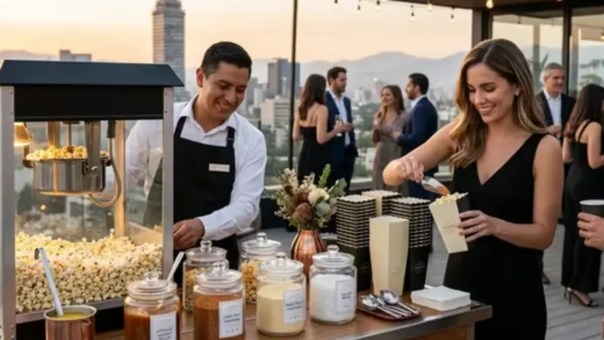 Máquina para hacer palomitas de sabores con barra de toppings en terraza