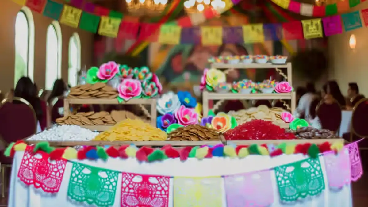 Mesa de dulces mexicanos con papel picado y golosinas tradicionales en salón