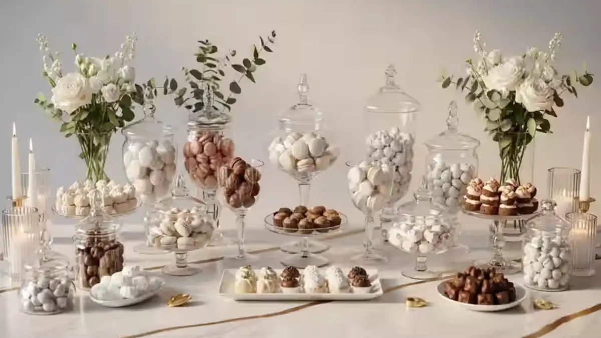 Mesa de dulces para boda con cristalería, flores blancas y velas