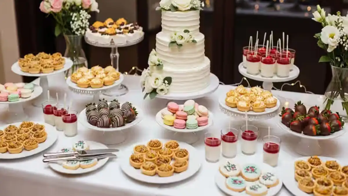 Mesa de postres con pastel blanco, tartaletas y vasos individuales para boda