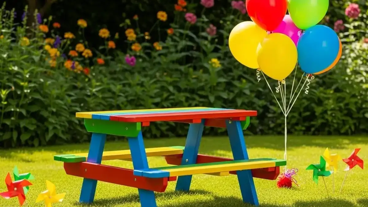 Mesa picnic infantil de colores colocada en jardín para fiesta