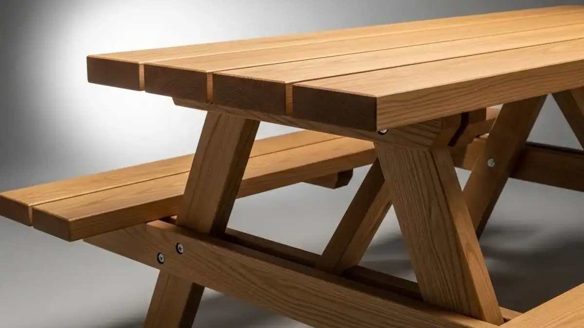 Detalle de mesa picnic de madera con bancas para evento
