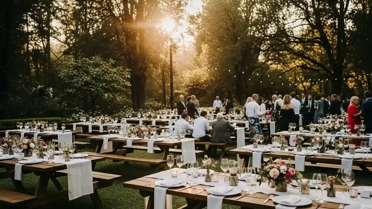 Mesas tipo picnic de madera preparadas para boda al aire libre