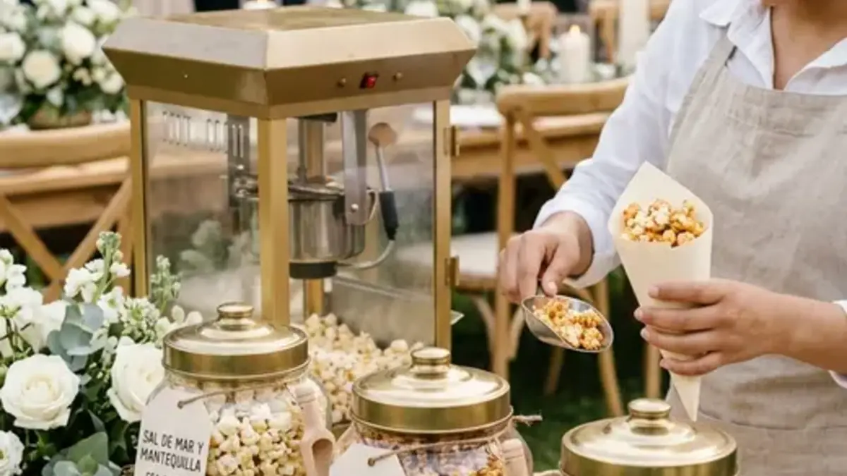 Palomitas gourmet en frascos junto a máquina atendida durante boda