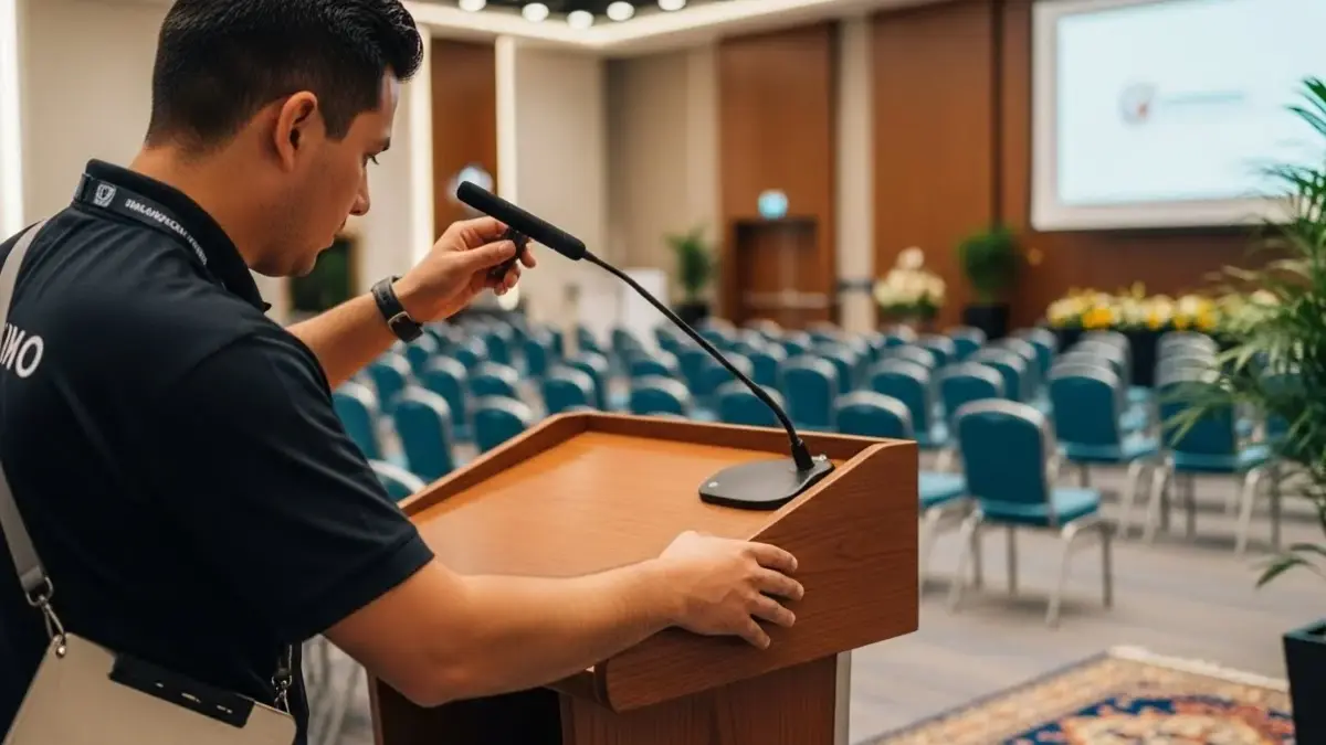 Técnico ajustando micrófono sobre atril de madera para conferencia