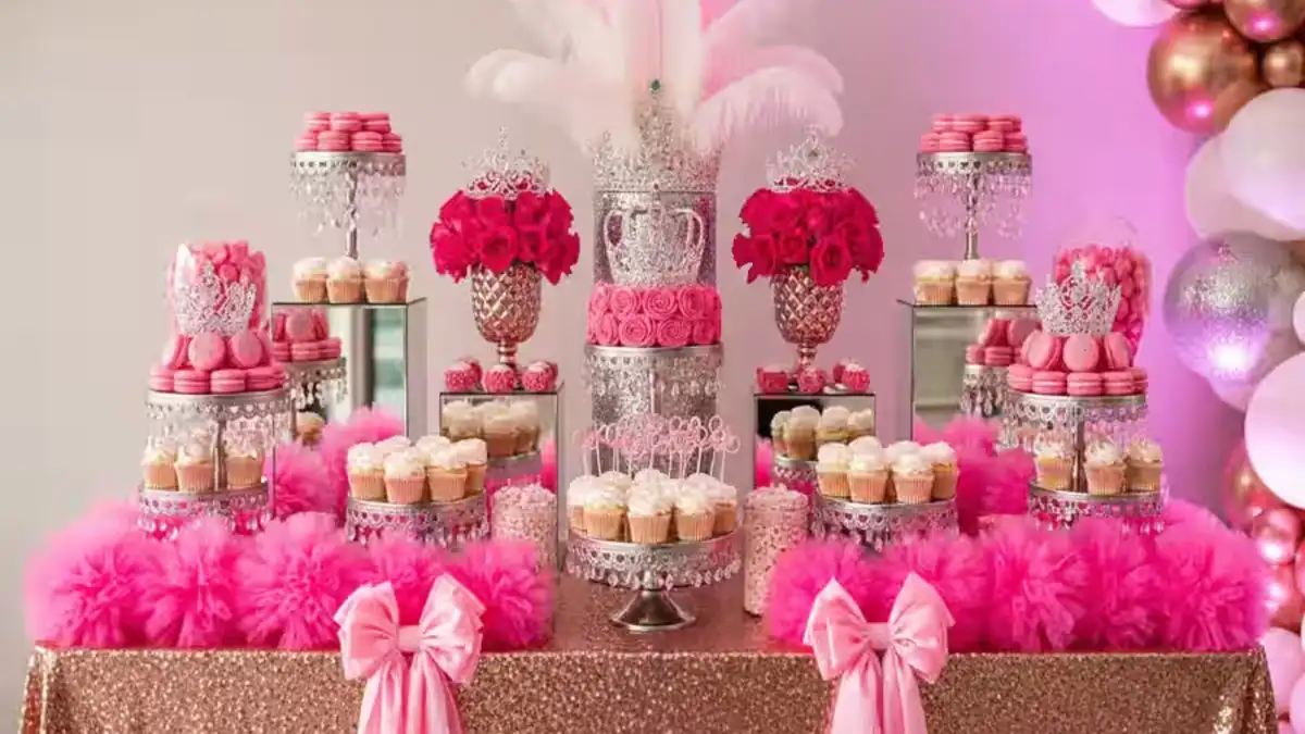 Mesa rosa de dulces con cupcakes, frascos y flores para celebración