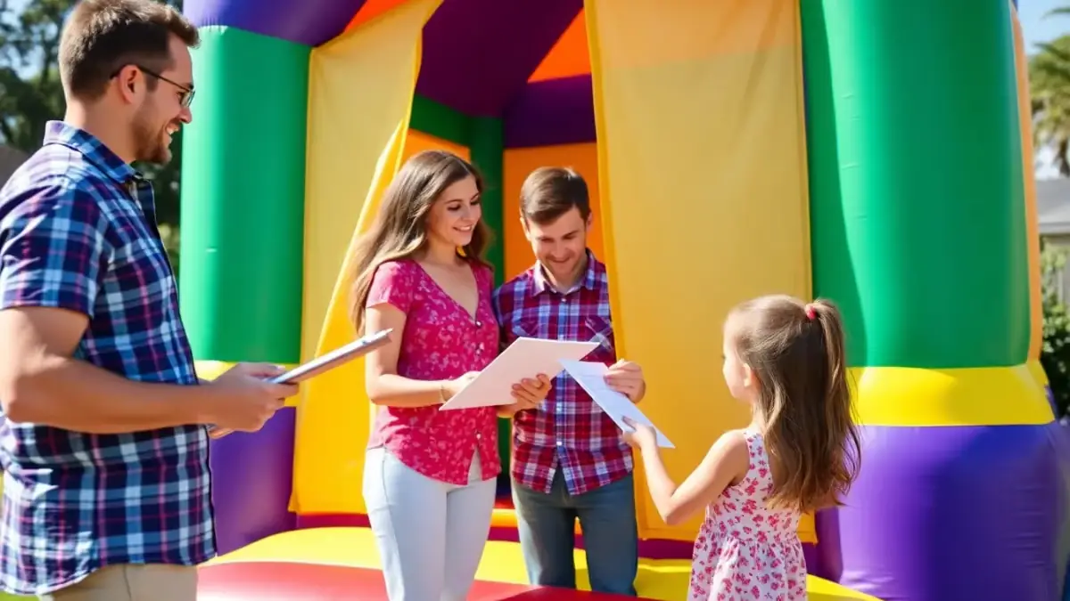 Renta de brincolines con familia junto al acceso de un inflable