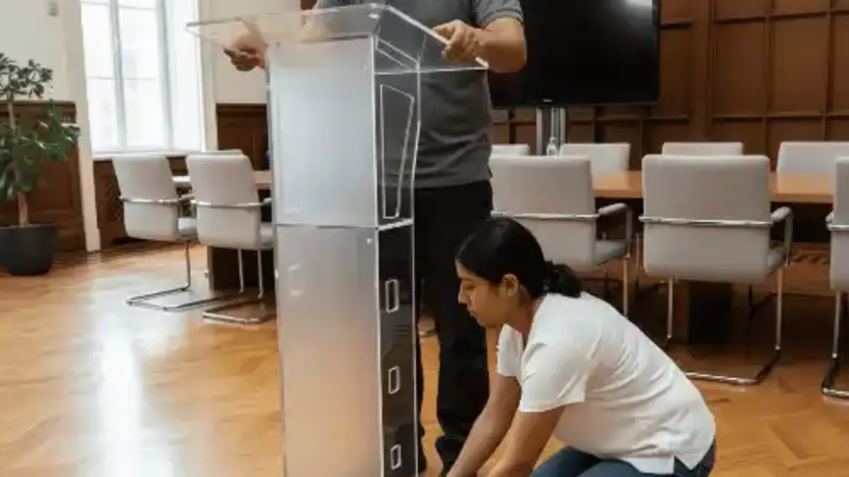 Personal instalando podium de acrílico en sala para evento corporativo