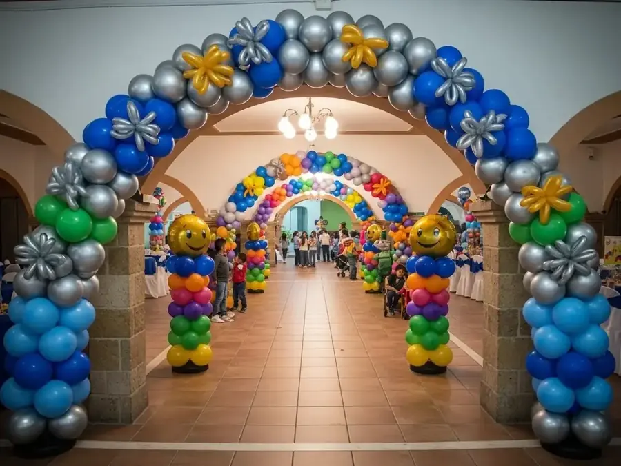 Arco de globos azul y plata instalado en salón para una celebración