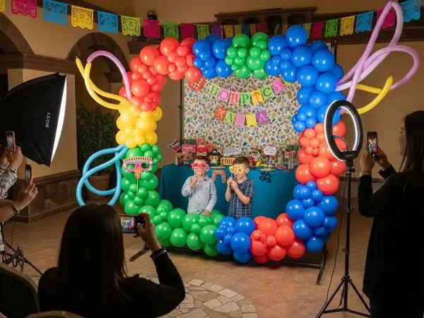 Arco de globos como marco para fotografías en celebración mexicana