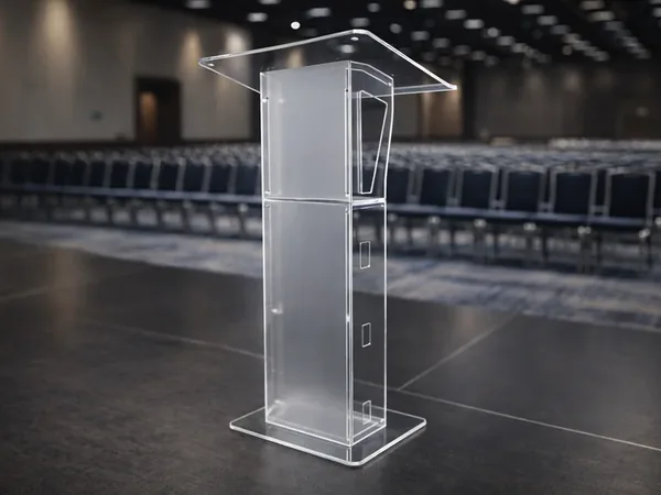 Atril de acrílico transparente frente a un salón de convenciones con sillas