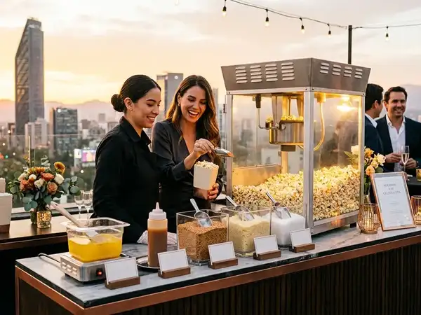 Barra de toppings para palomitas instalada en un evento al atardecer