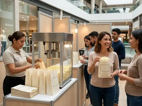 Bolsas personalizadas servidas junto a una máquina de palomitas en evento corporativo