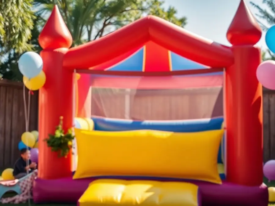 Brincolín inflable rojo y azul montado para una celebración infantil