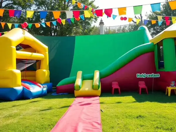 Brincolín inflable instalado en fiesta infantil con área de acceso