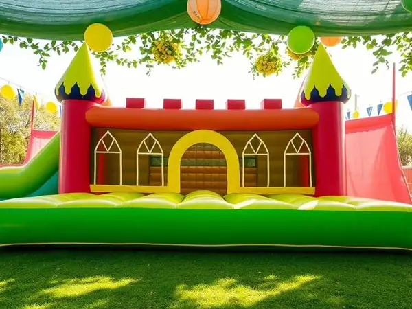 Brincolines para fiestas con castillo rosa y turquesa en jardín