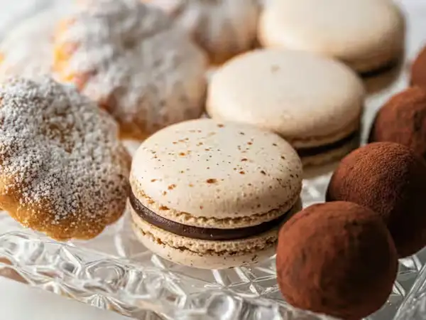 Macarons y trufas servidos en una estación de candy bar elegante