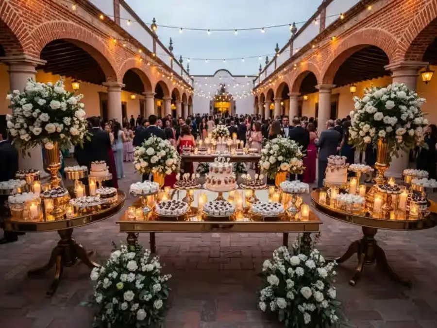 Mesa de postres gourmet y candy bar montados para una boda en patio