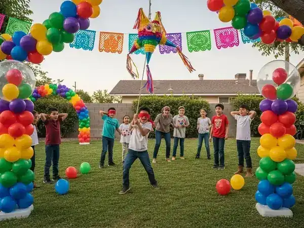 Columnas y arcos de globos multicolor en fiesta al aire libre