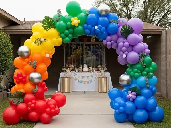 Decoración de globos para cumpleaños con arco iris en jardín