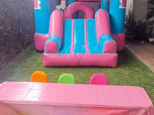Fiesta infantil con inflable y decoración de colores en jardín