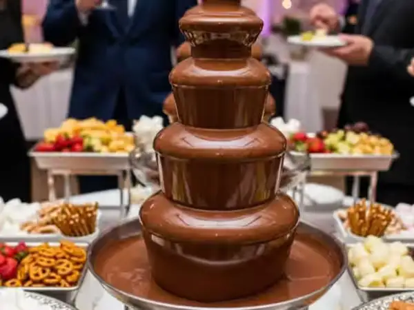 Fuente de chocolate con postres y fruta preparada para un evento