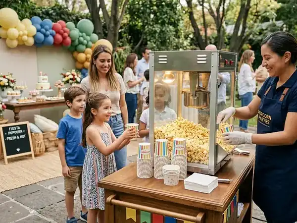 Máquina de palomitas atendida durante una fiesta infantil al aire libre