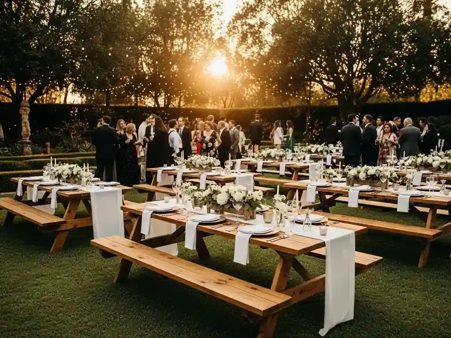 Mesa picnic de madera preparada para una boda al aire libre al atardecer