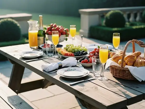 Mesa picnic de madera con desayuno servido para una convivencia diurna