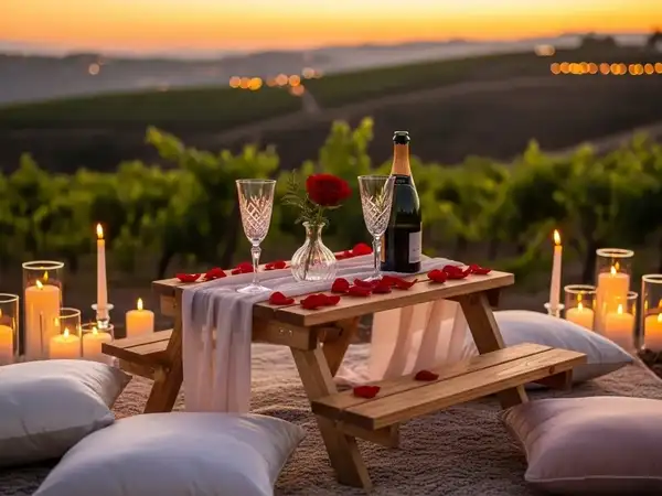 Mesa de madera para eventos decorada con velas durante un picnic romántico