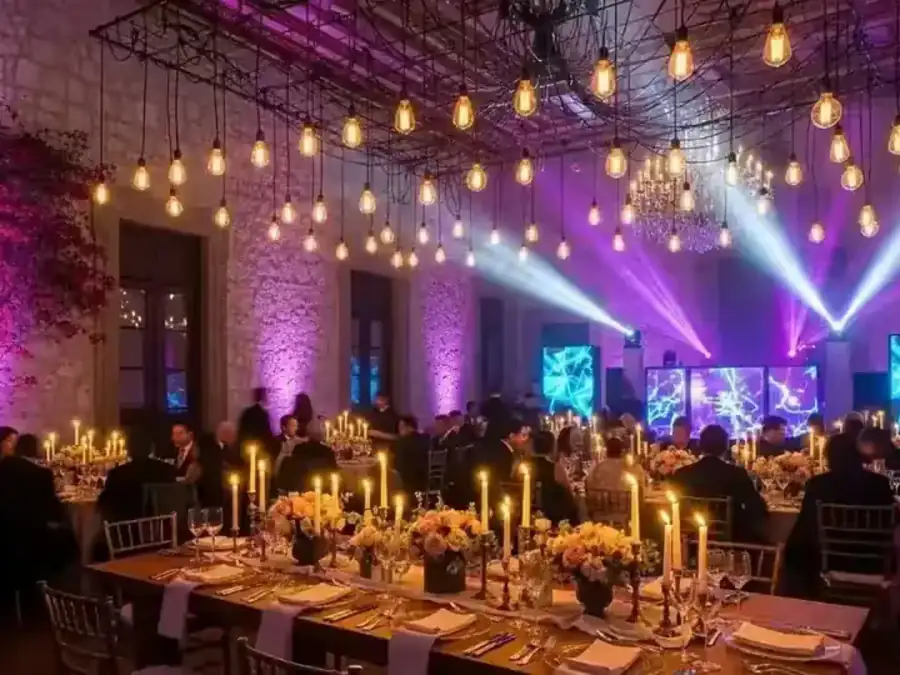 Pantalla LED para eventos instalada frente a asistentes en una cena corporativa