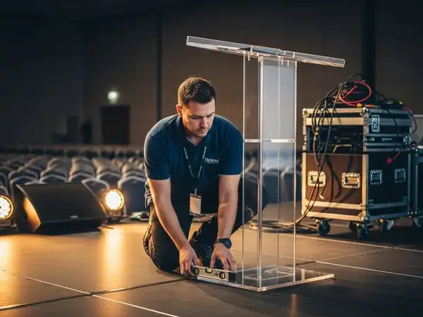 Podium para eventos instalado por técnico frente a un auditorio