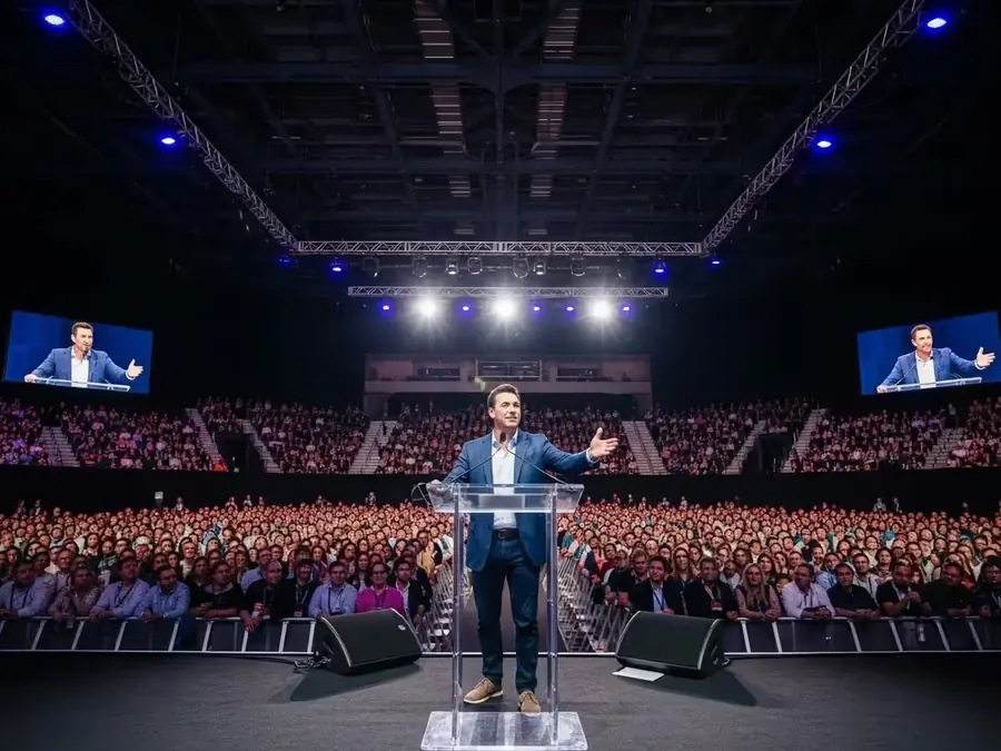 Recinto de congresos con escenario, estructura de iluminación y público durante una presentación