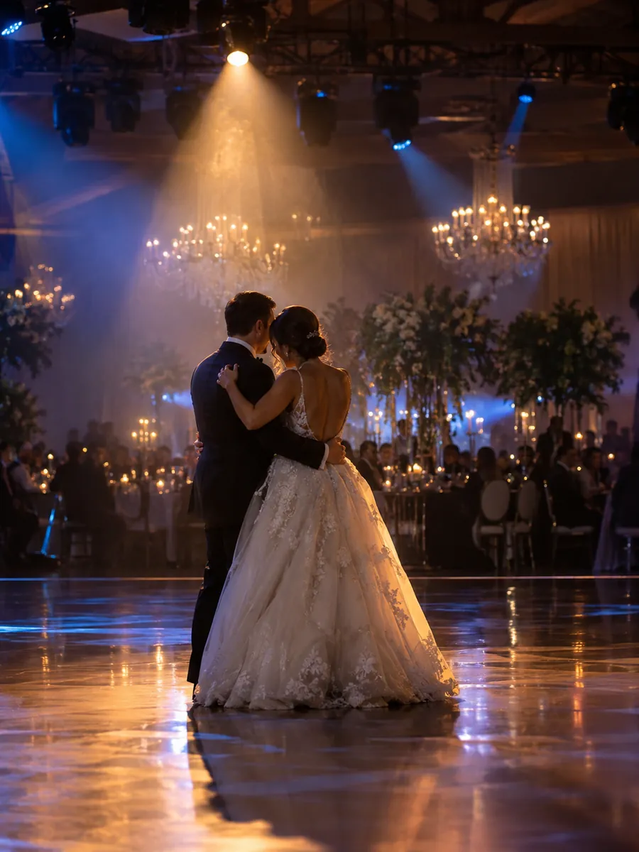 Pareja bailando bajo iluminación profesional en un salón de eventos