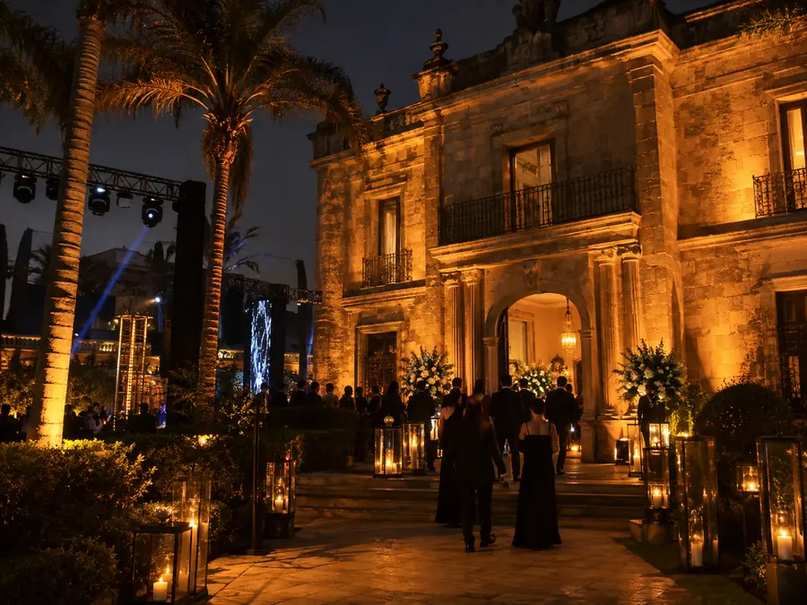 Fachada colonial con iluminación arquitectónica cálida de noche
