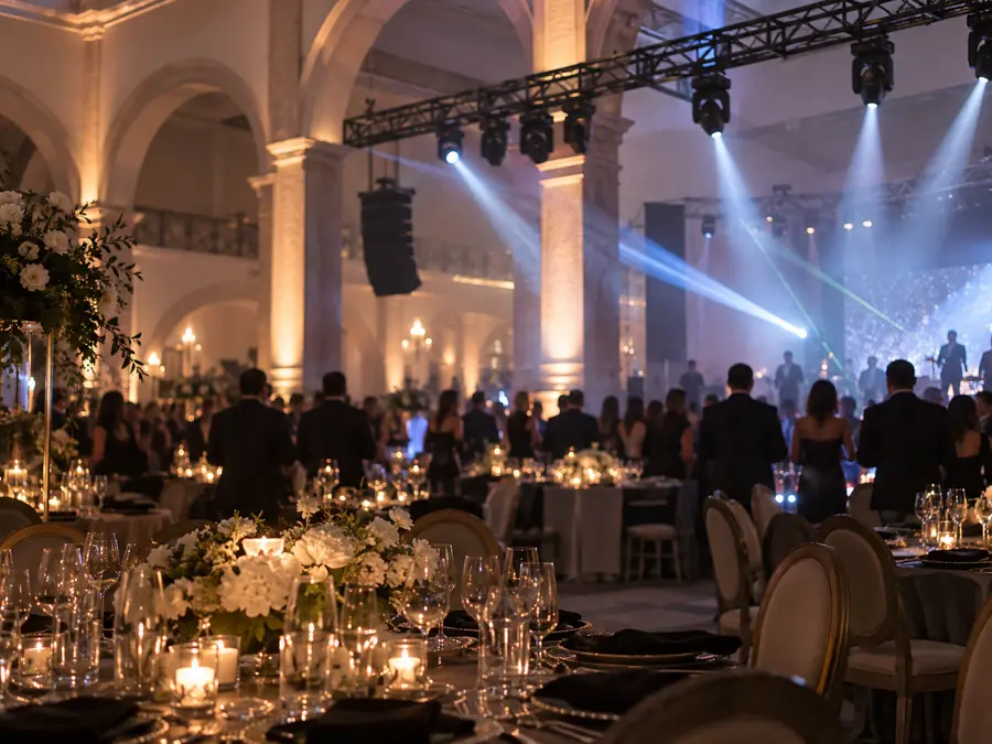 Salón de banquetes con columnas y arcos iluminados