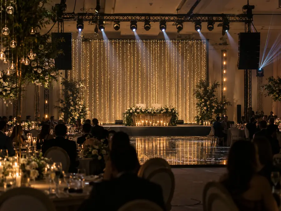 Fondo de cascada LED en luz cálida detrás de mesa principal