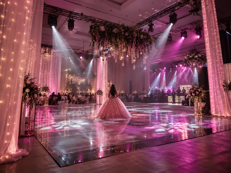 Salón de XV años con cascadas LED en rosa y blanco