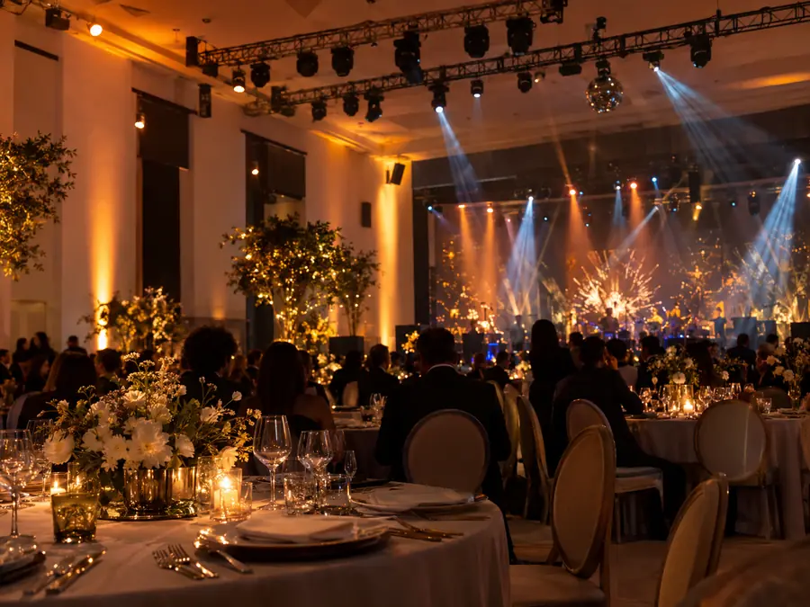 Salón con muros blancos iluminados con luz cálida