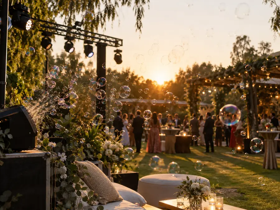 Burbujas flotando en un jardín durante una celebración