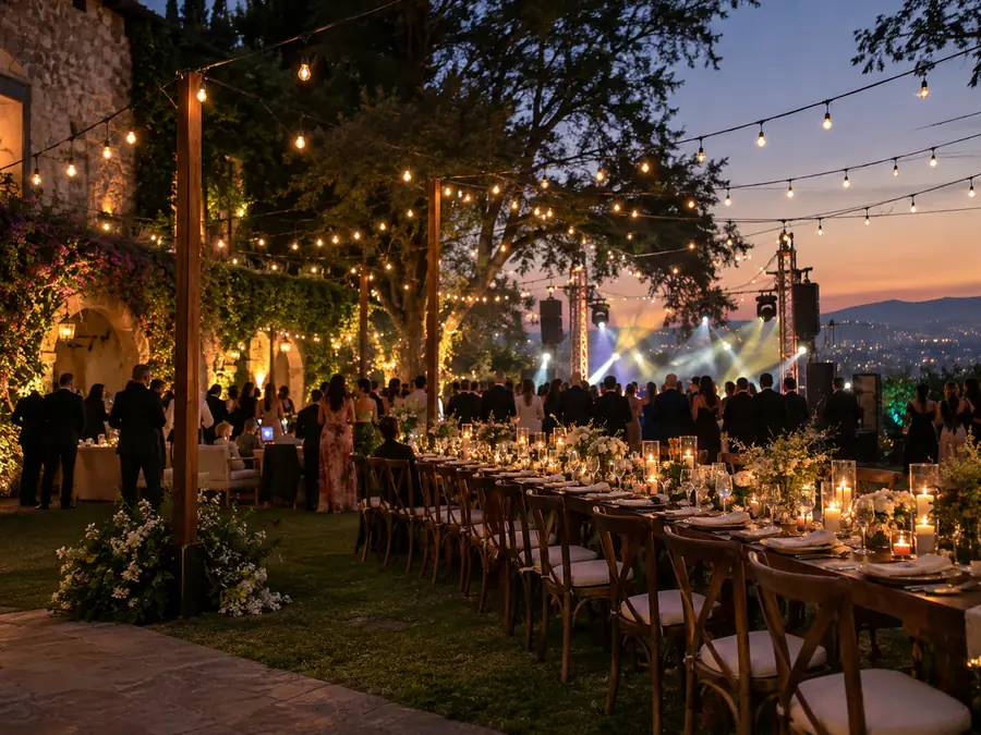Guirnaldas de luz sobre mesa de banquete en jardín al atardecer